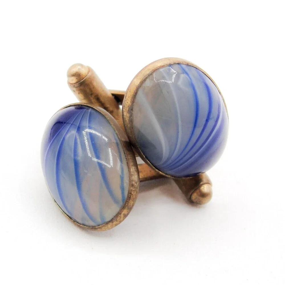 Vintage Gold Tone Blue White Swirl Glass Oval Cufflinks Retro MCM Classic